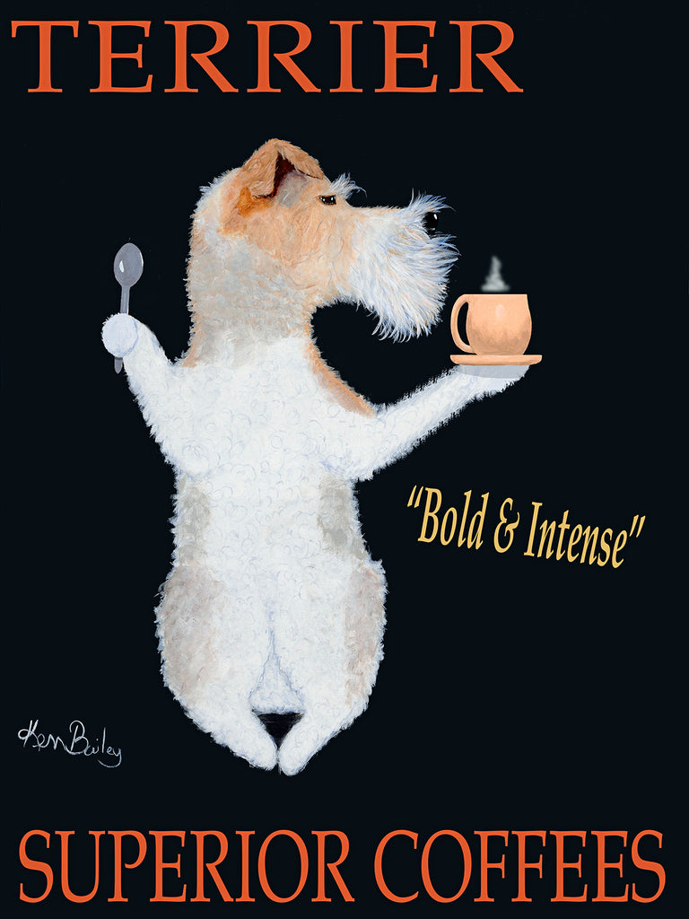 CUSTOM TERRIER SUPERIOR COFFEES (FOX TERRIER) -- Retro Vintage Advertising Art featuring a Fox Terrier by Ken Bailey