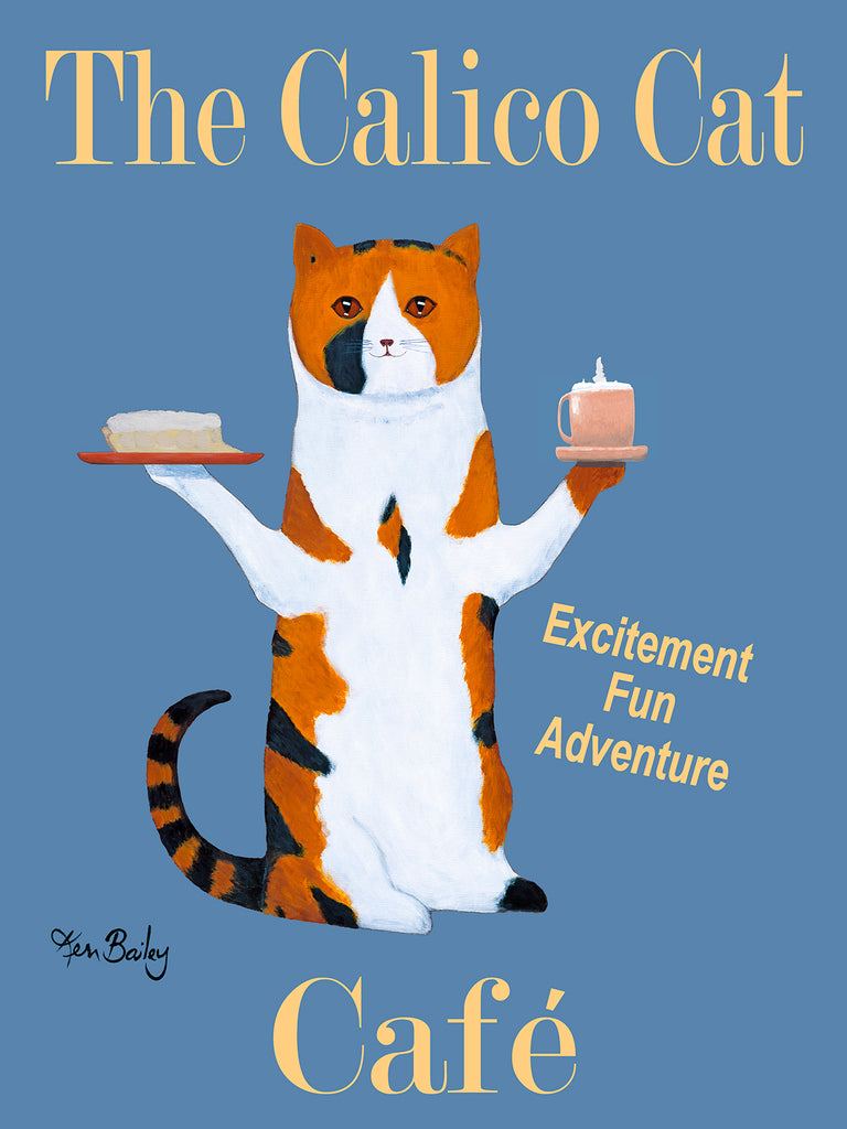 CUSTOM - THE CALICO CAT CAFE - - Retro Vintage Advertising Art featuring a Calico Cat with wine by Ken Bailey