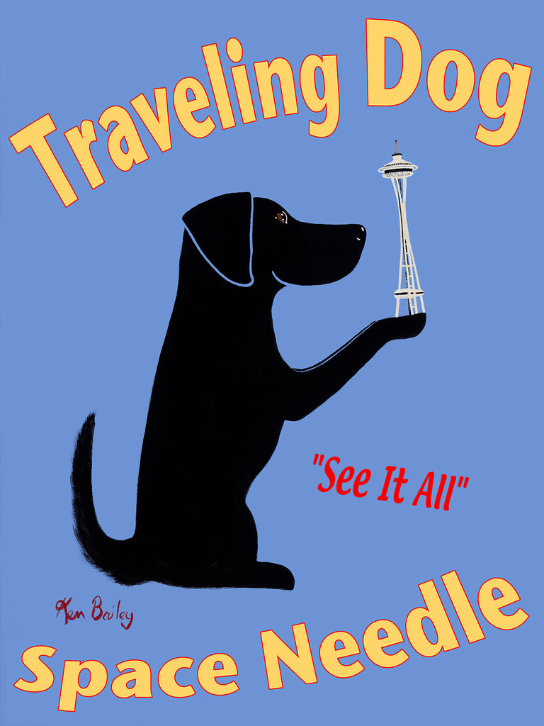 TRAVELING DOG - SPACE NEEDLE - Retro Vintage Advertising Art featuring a black dog by Ken Bailey