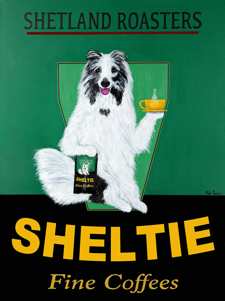 CUSTOM SHELTIE FINE COFFEES - - Retro Vintage Advertising Art featuring a Shetland Sheep Dog by Ken Bailey