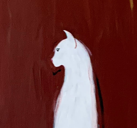 WHITE CAT WITH ROBIN - Original Painting
