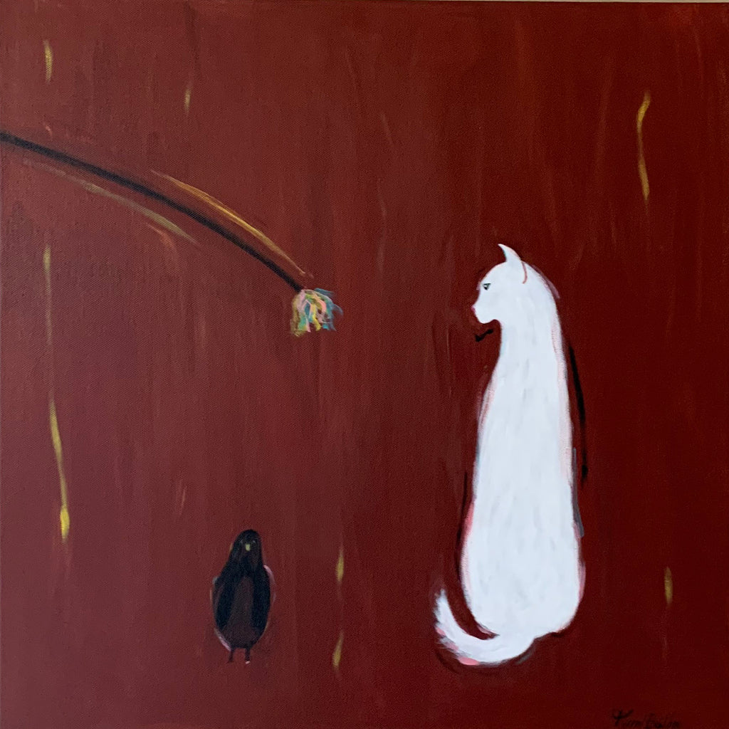 WHITE CAT WITH ROBIN - Original Painting