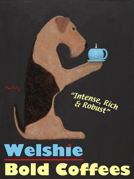 CUSTOM WELSHIE BOLD COFFEES -- Retro Vintage Advertising Art featuring a Welsh Terrier by Ken Bailey