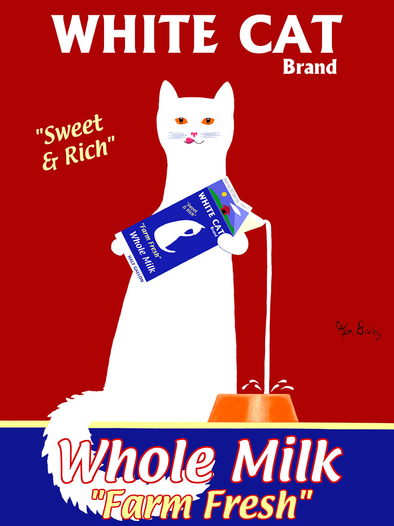 WHITE CAT MILK - Retro Vintage Advertising Art featuring a white cat by Ken Bailey