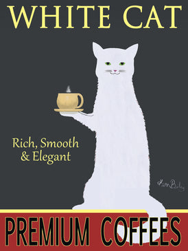 CUSTOM WHITE CAT PREMIUM COFFEES -- Retro Vintage Advertising Art featuring a White Cat by Ken Bailey