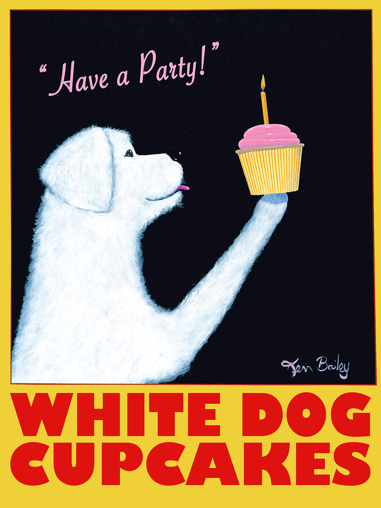 WHITE DOG CUPCAKES - Retro Vintage Advertising Art featuring a white dog by Ken Bailey