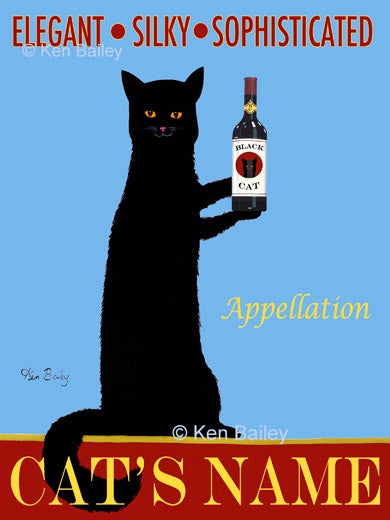 CUSTOM APPELLATION BLACK CAT WINE - Retro Vintage Advertising Art featuring a black cat with wine by Ken Bailey