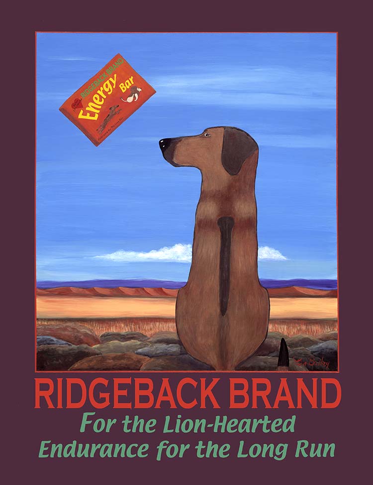 RIDGEBACK BRAND ENERGY BAR - Retro Vintage Advertising Art featuring a Rhodesian Ridgeback by Ken Bailey