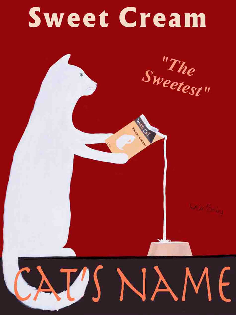 CUSTOM WHITE CAT SWEET CREAM -- Retro Vintage Advertising Art featuring a white cat by Ken Bailey