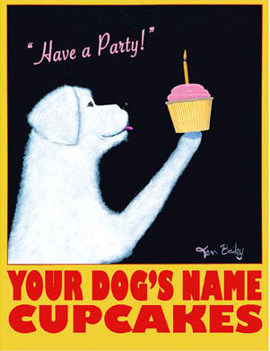 CUSTOM WHITE DOG CUPCAKES - Retro Vintage Advertising Art featuring a white dog by Ken Bailey